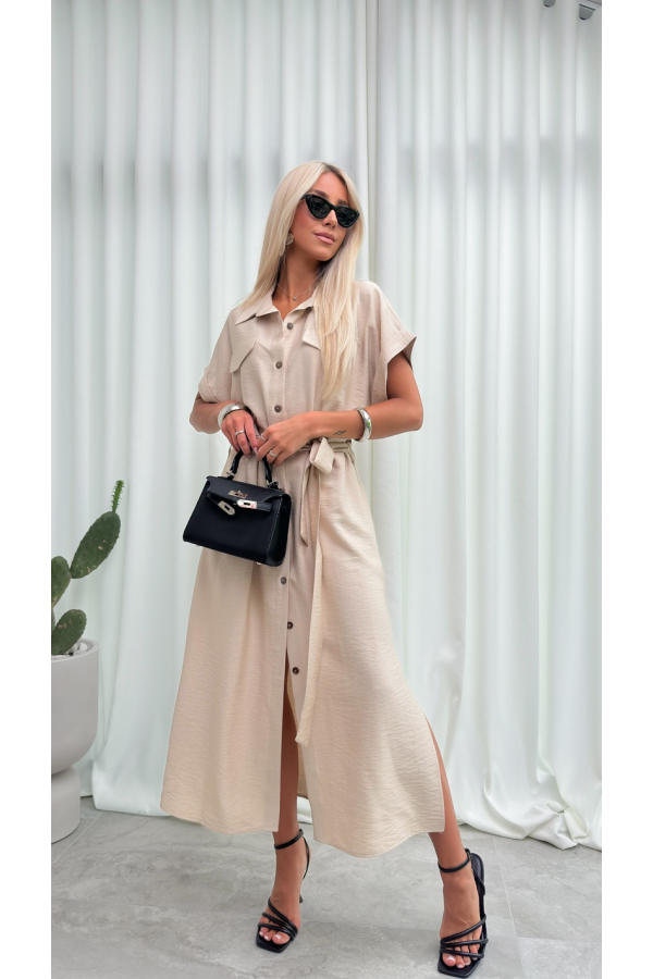Sukienka Koszulowa Maxi Premium Wiązana w Pasie Elegancka Oversize Guziki Kieszenie - szampański